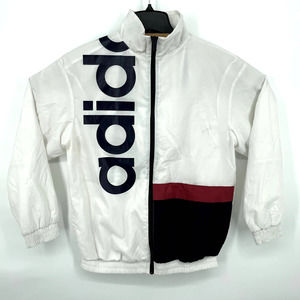 Mens white adidas block letter windbreaker full zip jacket navy blue red